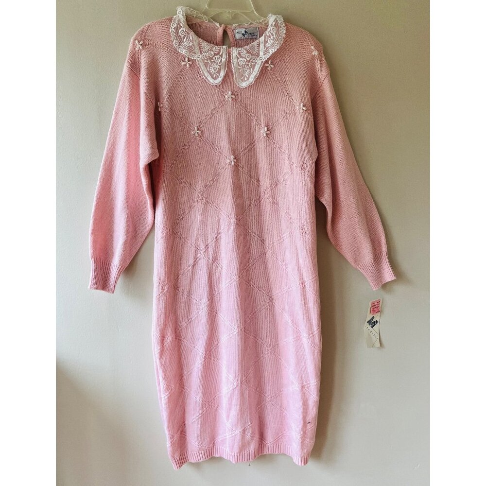 Maggie Lawrence Sz M Vintage Retro Pastel Pink Collared Sweater Dress Maxi‎